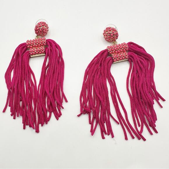Hot Pink Fuchsia Double Tassel Earrings Drop Dangle Pierced Summer Boho Preppy - Picture 1 of 7